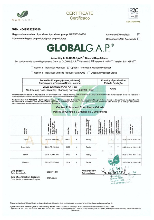 GLOBAL G.A.P.全球良好农业规范证书